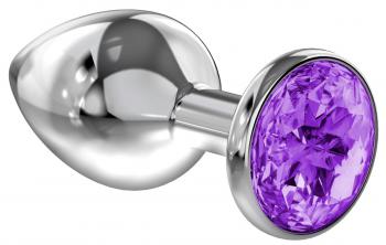 Малая серебристая анальная пробка Diamond Purple Sparkle Small с фиолетовым кристаллом - 7 см